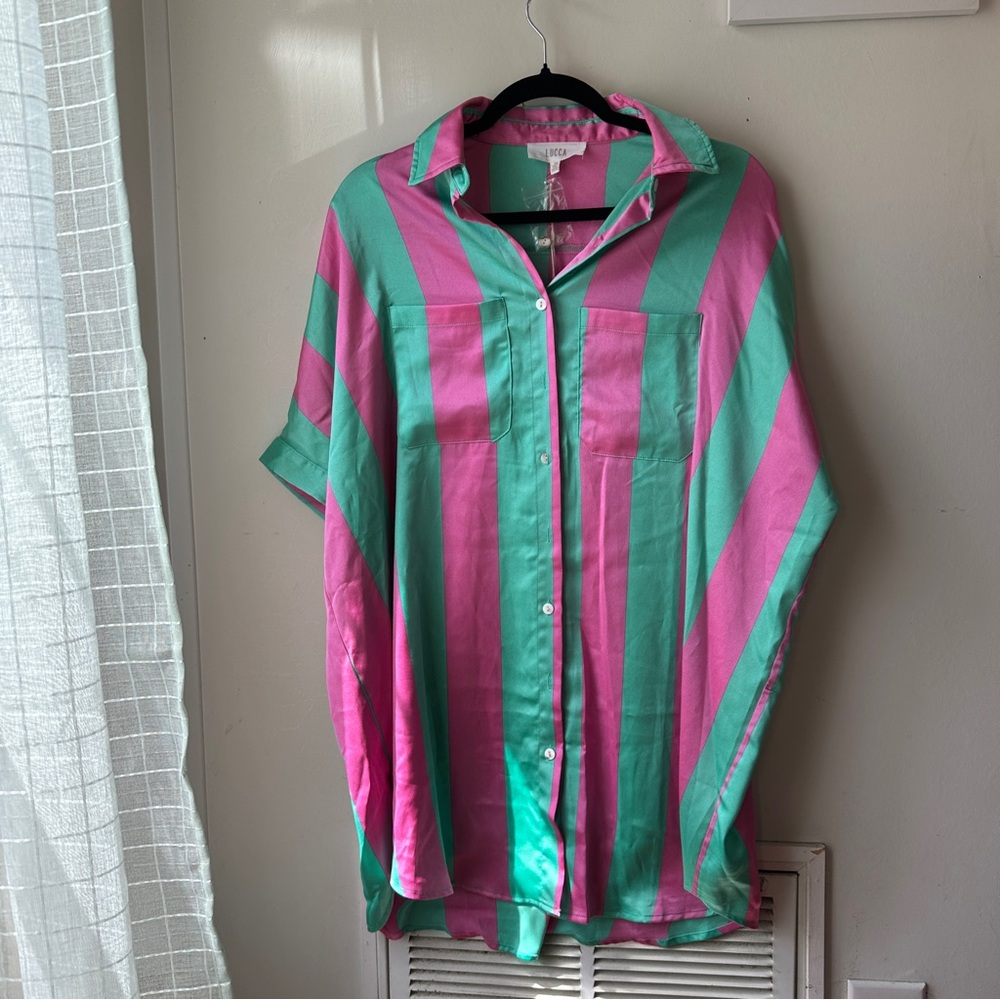 Pink and Mint Green Striped Button-Down Tunic Cover Up Dress